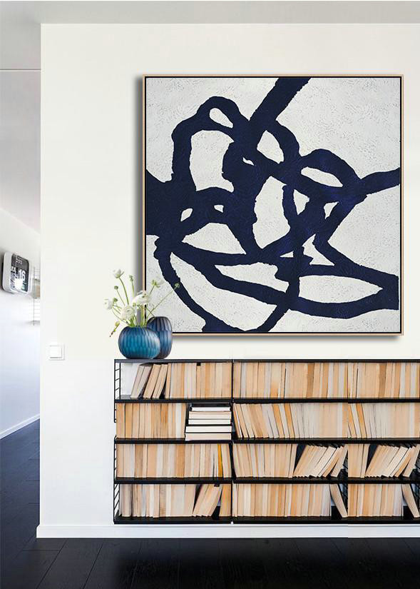 Abstract Painting Extra Large Canvas Art,Hand Painted Navy Minimalist Painting On Canvas,Huge Abstract Canvas Art